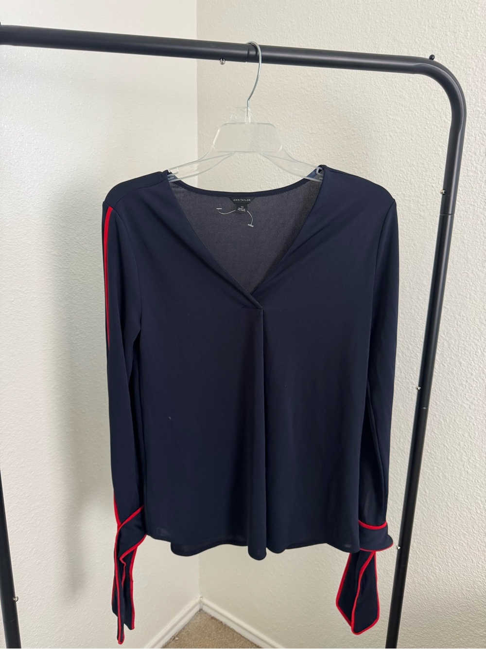 Ann Taylor Navy Long-Sleeve V-Neck Top with Red Trim